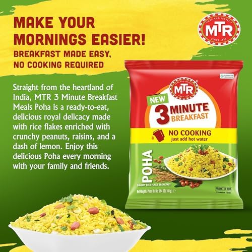 MTR 3minute Poha - Ready-to-Cook Mix - Authentic Indian Food in Just 3 Minutes - 100% Vegetarian - No Added Preservatives - Just Add Hot Water - Quick & Easy ((Regular Poha - 160g, Pack of 6)