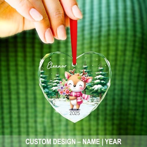 Custom Reindeer Glass Ornament Christmas 2026, Personalized Reindeer Lover Christmas Ornament with Name, Animal Xmas Ornaments Gift for Son Daughter Dad Mom, Woodland Animal Glass Keepsake