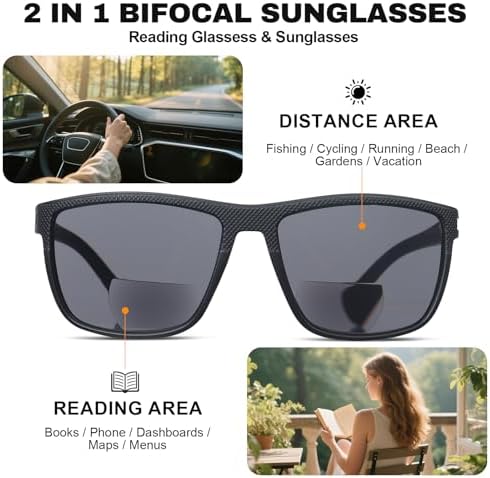 Bifocal Sunglasses for Men, Lightweight TR90 Bifocal Reading Sunglasses Sports Sunglass Readers for Fishing Driving