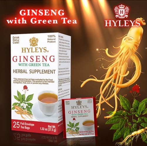Hyleys Ginseng & Green Tea with Natural Guarana & Orange Flavor - Herbal Energy Tea - 25 Tea Bags