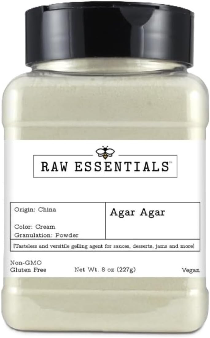 Raw Essentials Agar Agar Powder – 8 oz Bottle – Vegan, Gluten-Free, Non-GMO – Tasteless Gelatin Substitute & Thickening Agent – Ideal for Sauces, Desserts, Candy, Jams, and More