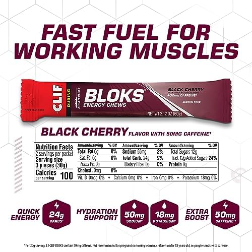 CLIF BLOKS - Black Cherry Flavor with Caffeine - Energy Chews - Non-GMO - Plant Based - Fast Fuel for Cycling and Running - Quick Carbohydrates and Electrolytes - 2.12 oz. (18 Count)