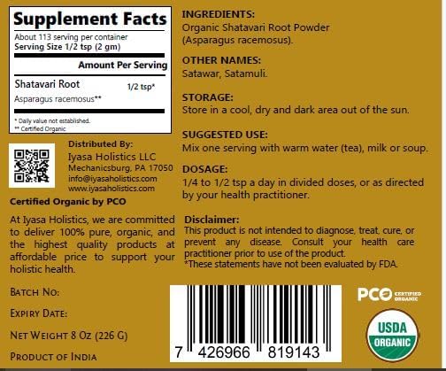 Iyasa Holistics Organic Shatavari Root Powder 8oz - USDA Ayurveda Herb for Women's Daily Rituals, Hormone Balance Support, Energy & Vitality - Shatavari Root Organic Tea & Health Tonic