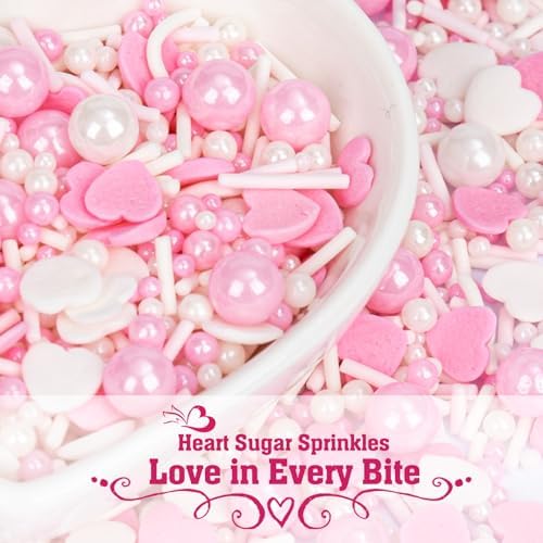 Twisweet Edible Pink Sprinkles for Cake Decorating, Pink Pearls Heart Sugar Sprinkles Mix Baking Candy, Cake Topper Cupcake Cookie Ice Cream Decorations, Valentine Mother's Day Birthday Wedding Baby Shower Party Supplies (130g/4.58oz)