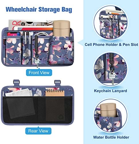 FINPAC Wheelchair Side Storage Bag w/Cup Holder, Wheelchair Armrest Accessories Pouch with Pen Slot and Reflective Strips for Power Walkers, Rollators, Seniors - Blooming Hibiscus