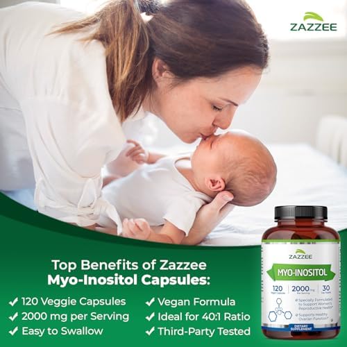 Zazzee Myo-Inositol Capsules, 2000 mg per Serving, 120 Vegan Capsules, Ideal Dosage for 40:1 Ratio, Certified Kosher, Hormone Balance & Healthy Ovarian Function Support, Non-GMO, Made in the USA