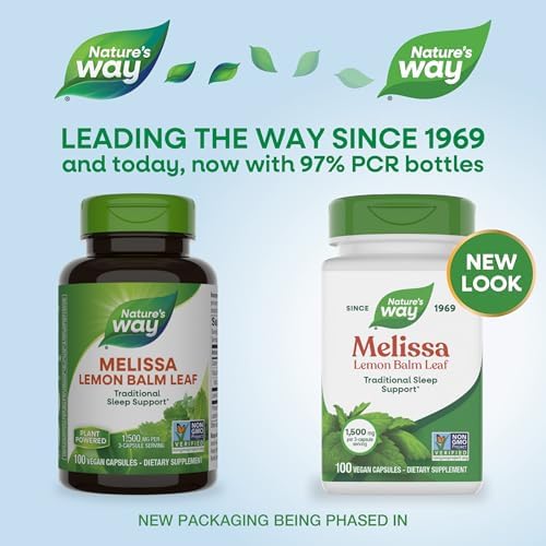 Nature's Way Melissa Lemon Balm Leaf, Traditional Sleep Support*, Melatonin Free, 1500 mg per 3-Capsule Serving, Non-GMO Project Verified, 100 Vegan Capsules (Packaging May Vary)