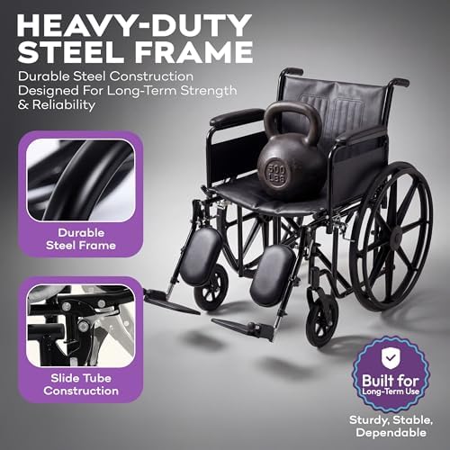 Heavy Duty Bariatric Wheelchair for Adults - Removable Desk Arms and Elevated Leg Rests - Adjustable Height, Foldable - 22" Seat Width - 500lb Capacity - K7