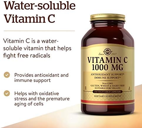 Solgar Vitamin C 1000 mg, 250 Vegetable Capsules - Antioxidant & Immune Support - Overall Health - Healthy Skin & Joints - Bioflavonoids Supplement - Non GMO, Vegan, Gluten No, Kosher - 250 Servings