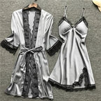 Pajamas for Women 4 Piece Robe Babydoll Lingerie Satin Sleepwear Nightdress Lace Trim Loungewear Sexy Nightgowns