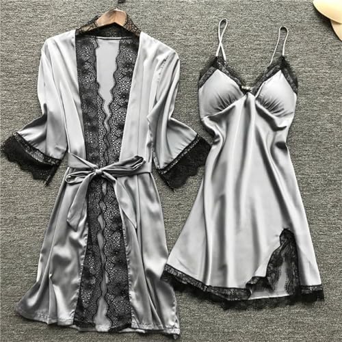Pajamas for Women 4 Piece Robe Babydoll Lingerie Satin Sleepwear Nightdress Lace Trim Loungewear Sexy Nightgowns
