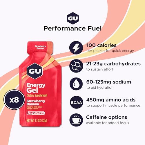 GU Energy Original Sports Nutrition Energy Gel, Vegan and Dairy-Free On-the-Go Energy for Any Workout, Strawberry Banana, 8-Count