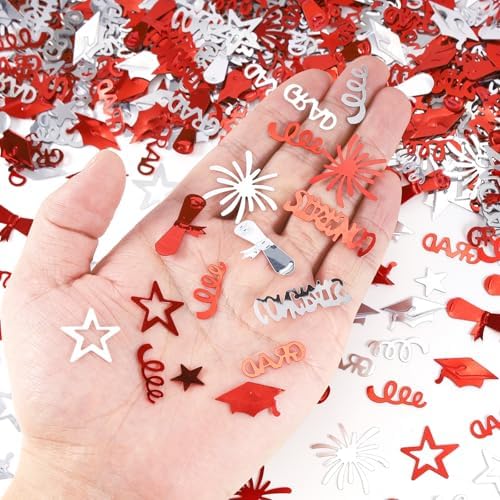 VHUWE Graduation Confetti, Red Silver Congrats Grad Confetti In Various Shapes for Congratulations Graduation Party Table Centerpiece Decorations Class of 2026 Decoration