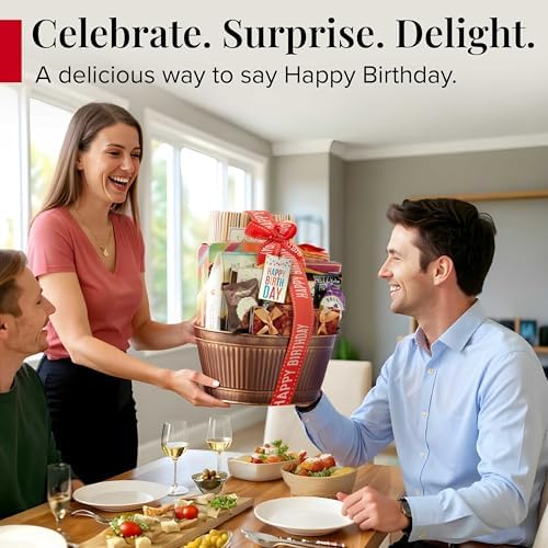 Broadway Basketeers Birthday Gift Basket – Gourmet Snacks & Sweet Treat Box with Cookies, Candy & more - Food Gift Basket for Women, Men & Families - Happy Birthday Surprise Box, Kosher