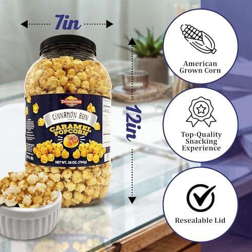 Stonehedge Farms Cinnamon Bun Flavored Popcorn | 28 oz Large Tub | Perfect for Holidays and Christmas | Bulk Gourmet Popped Sweet Snacks | Pop Corn Gift