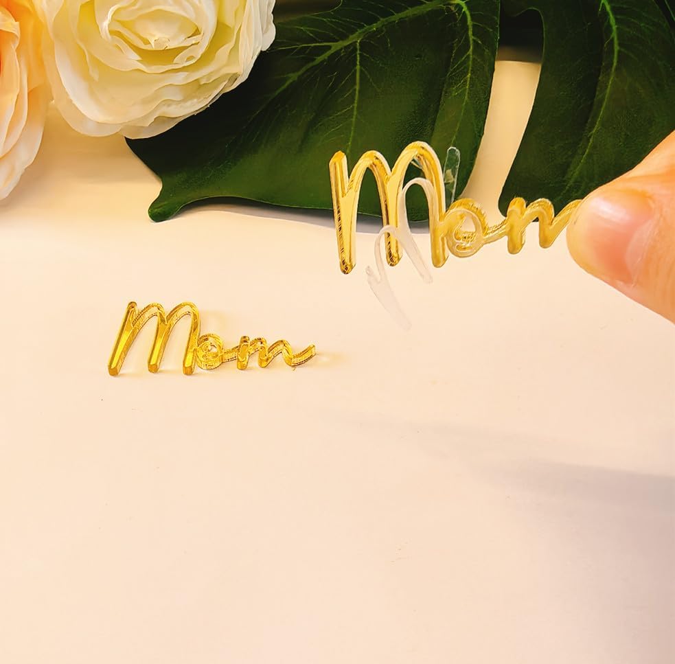 15pcs of Mom Cake Plaque,Acrylic Mum Cupcake Topper, Mothers Day Cake Toppers,Mummy Cake Topper for MOM Cake Topper,Mother's Day Decorations (4'', Gold Mirror)