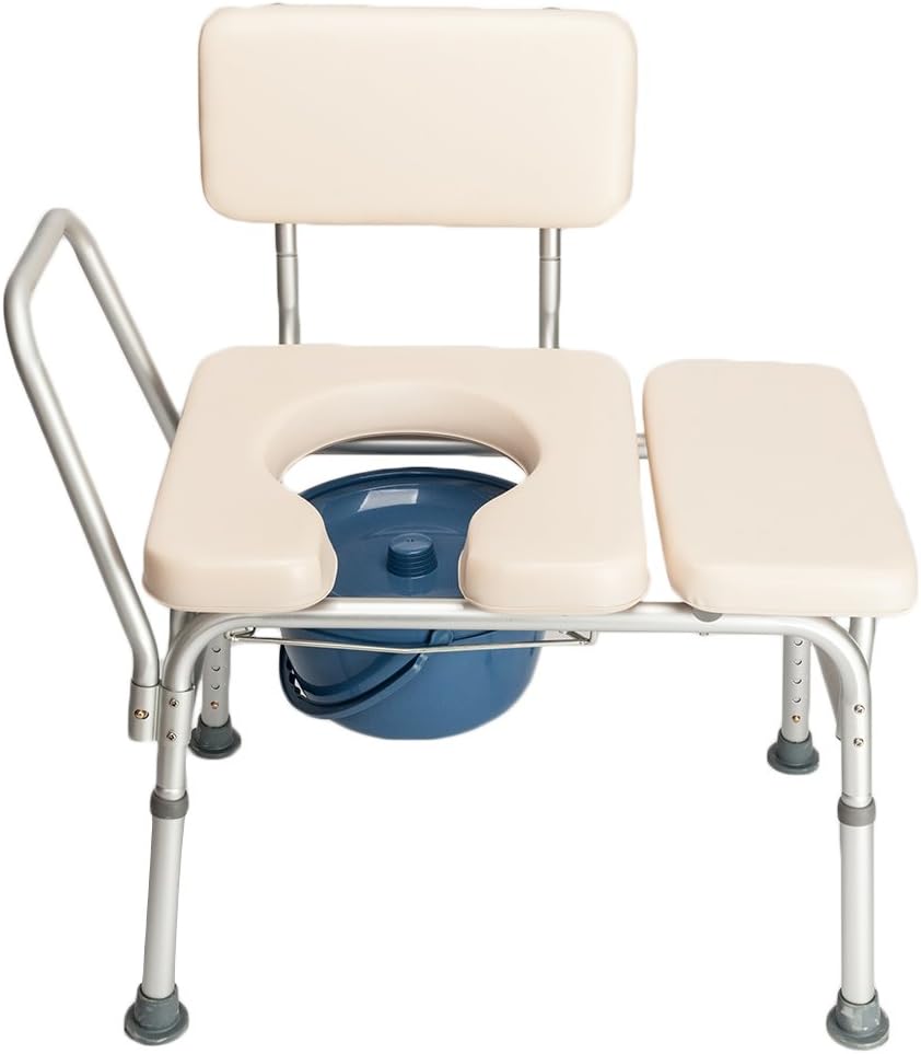 Winado 2 in 1 Transfer Bench Commode Chair for Toilet with Bucket & Padded Seat & Backrest & Armrest, Height Adjustable Bath Chair for Senior & Disabled, White