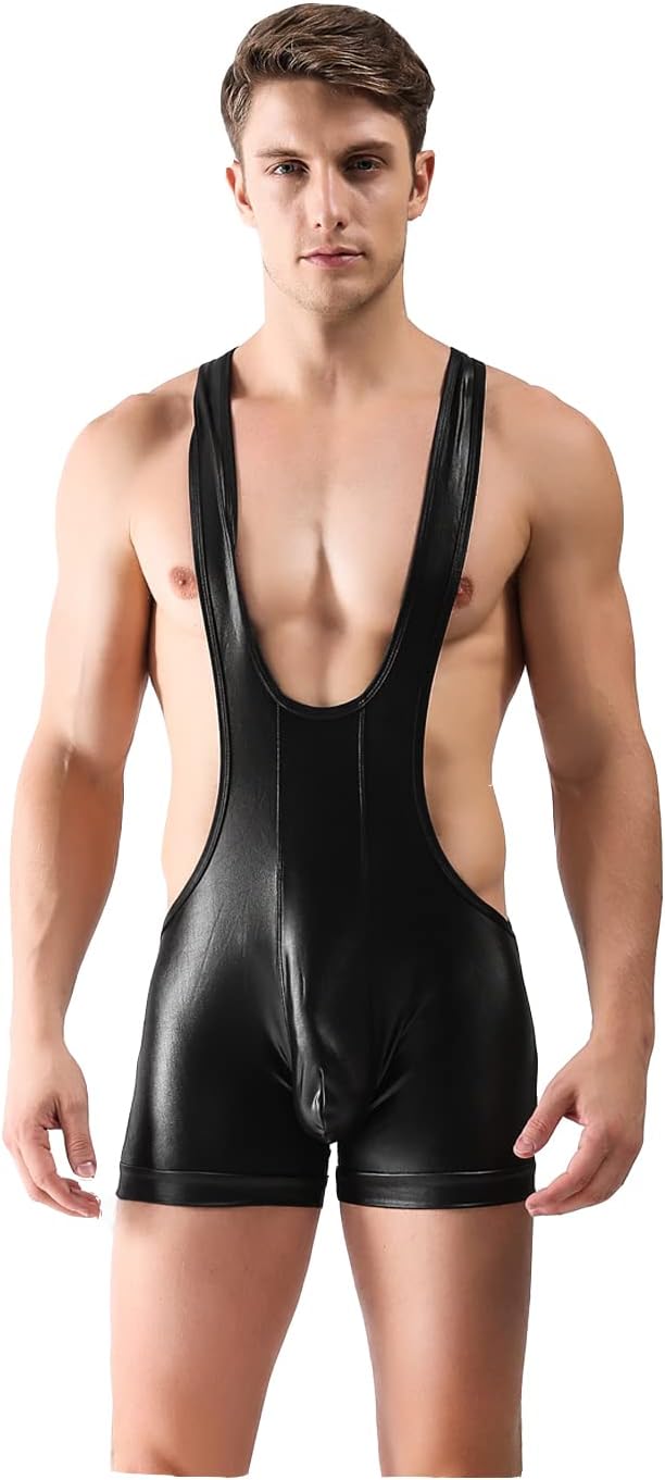 BaronHong Men's Mankini Bodysuit Singlet Leotard Racerback Shiny Pu Leather Boxer Briefs Wrestling Jumpsuit