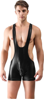 BaronHong Men's Mankini Bodysuit Singlet Leotard Racerback Shiny Pu Leather Boxer Briefs Wrestling Jumpsuit