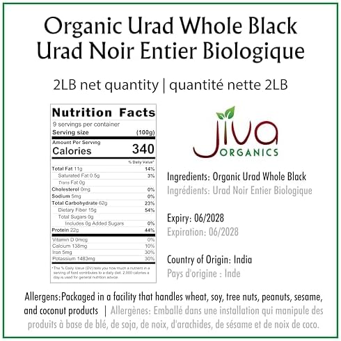Jiva Organics Organic Urad Whole 2LB Bag - Black Gram Dal, Urad Dal Whole - Non-GMO, Gluten Free