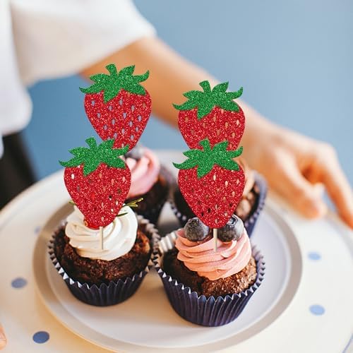 Rsstarxi 24 Pack Strawberry Cupcake Toppers Glitter Summer Sweet Fruit Berry Strawberry Cupcake Picks Decoration for Strawberry Theme Baby Shower Birthday Party Cake Decorations, Design 3
