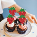 Rsstarxi 24 Pack Strawberry Cupcake Toppers Glitter Summer Sweet Fruit Berry Strawberry Cupcake Picks Decoration for Strawberry Theme Baby Shower Birthday Party Cake Decorations, Design 3