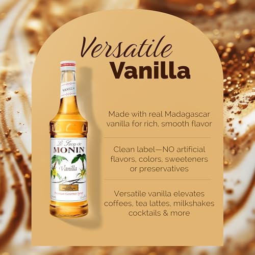 Monin - Vanilla Syrup | Pure & Rare Madagascar Vanilla, Premium Syrup for Coffee, Lattes & More | Clean Label with No Artificial Flavors, No Artificial Preservatives (BPA Free Bottle, 25.4 fl oz)