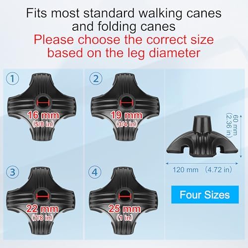 supregear Cane Tip Heavy Duty - Self Standing Non-Slip Rubber Quad Base for Walking Cane - Stable 4 Prong Replacement Foot Pad for Walking Stick Offset Quad Pod or Tripod