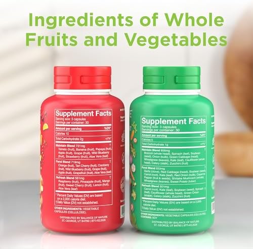 Balance of Nature Fruits & Veggies Supplements - Whole Fruit and Vegetable Ingredients for Women, Men, and Kids - 90 Fruits Capsules, 90 Veggies Capsules - 1 Set