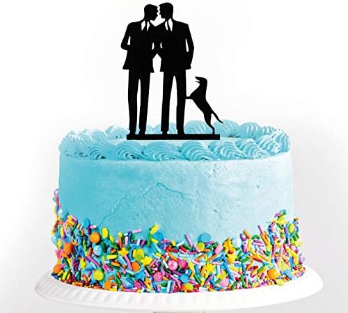 Gay Wedding Cake Topper With Dog, Black Acrylic Silhouette Couple Groom and Groom Wedding/Aniversary/Engagement Party Engagement Cake Decoration