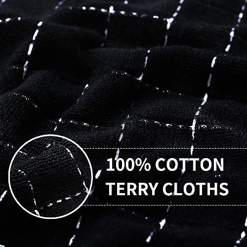 Homaxy 100% Cotton Terry Kitchen Towels(Black, 13 x 28 inches), Checkered Designed, Soft and Super Absorbent Dish Towels, 2 Pack