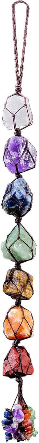 Runyangshi Large 7 Chakra Raw Crystal Hanging Ornament - 30-40cm Handmade with Natural Stones for Home, Window, Feng Shui, Meditation, Yoga & Energy Healing