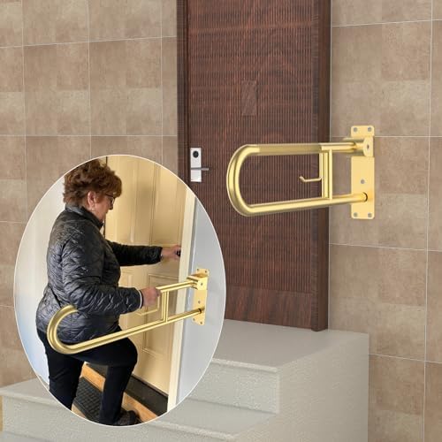 Toilet Grab Bar 30.3 Inch, YuanDe Flip Up Grab Bar with Paper Holder, Brushed Gold Anti-Slip Safety Bars for Toilet, Stainless Steel Knurled Toilet Handles for Seniors Disabled Elderly Pregnant