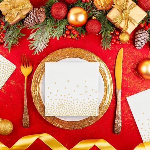 Juvale White & Gold Polka Dot Paper Cocktail & Beverage Napkins - 5 x 5 In, 100-Pack, 3-Ply Disposable - Wedding Cocktail Napkins for Bridal Showers & Anniversary Parties