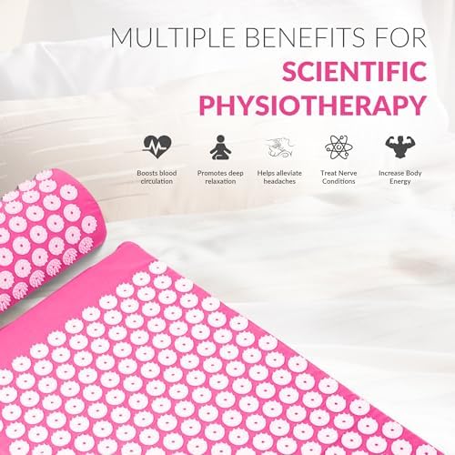 Fitvids Acupressure Mat and Pillow Set for Back/Neck Pain, Acupuncture Products to Relieve Muscle Fatigue, Improve Insomnia for Sedentary People, Acupuncture Eases Stress, Massage Mat, Pink