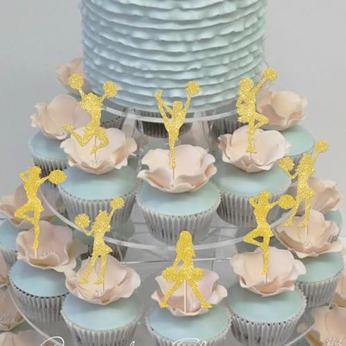 Rsstarxi 36 Pack Gold Cheerleader Cupcake Toppers Glitter Cheer Team Gymnastics Cupcake Picks Decoration for Gymnast Girls Birthday Wedding Party Cake Decorations Supplies