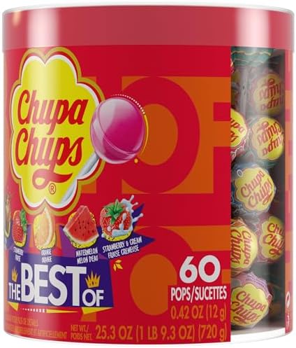 Chupa Chups Best Of Lollipop Assortment, Five Flavors, Easter Candy, Easter Basket Essentials Stuffers for Kids and Adults, Individually Wrapped, 25.3 Ounce Drum (60 Suckers)
