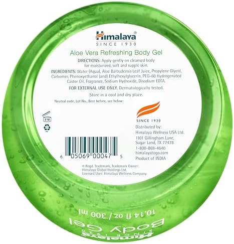 Himalaya Aloe Vera Refreshing Body Gel, with Real Aloe Vera for Moisturizing, Cooling, and Soothing Skin, Lightweight Non-Greasy Formula, 10.14 fl oz (300 ml)