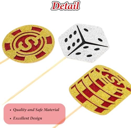 24 Pcs Casino Cupcake Toppers, Casino Theme Party Decorations, Glitter Poker Chips Toppers for Vegas Themed Party Decorations, Fruit Food Picks for Poker Night Decor