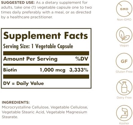 Solgar Biotin 1000 mcg - 100 Vegetable Capsules - Supports Healthy Skin, Nails & Hair - Non-GMO, Vegan, Gluten Free, Dairy Free, Kosher - 100 Servings (Pack of 2)