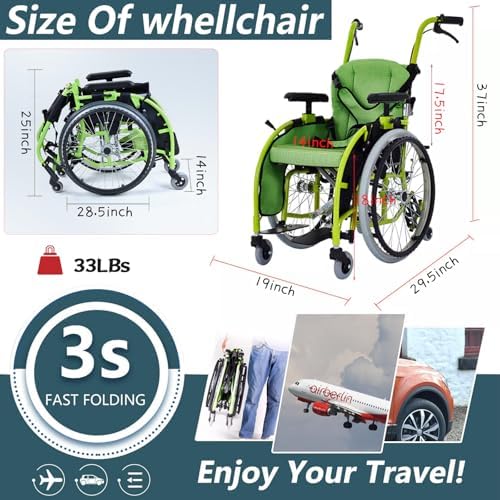 Pediatric Wheelchair for Kids & Children, Lightweight Aluminum Wheelchairs w/Safety Belt, Comfort and Mobility for Disabled Teens, Manual Folding Wheelchair w/Swing-Away Footrest, 14" W Seat