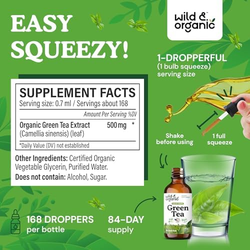 Wild & Organic Green Tea Extract Liquid Drops - Antioxidant Support - Pure Green Tea Supplement - 84-Day Supply - Vegan, Sugar & Alcohol-Free Camellia Sinensis Tincture - 4 fl oz