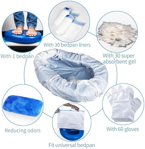 Bedpan Set with 30 Absorbent Pads Gel and 30 Disposable Liners, Bed Pan for Elderly Females Women, Bedpan with Liners for Men Male