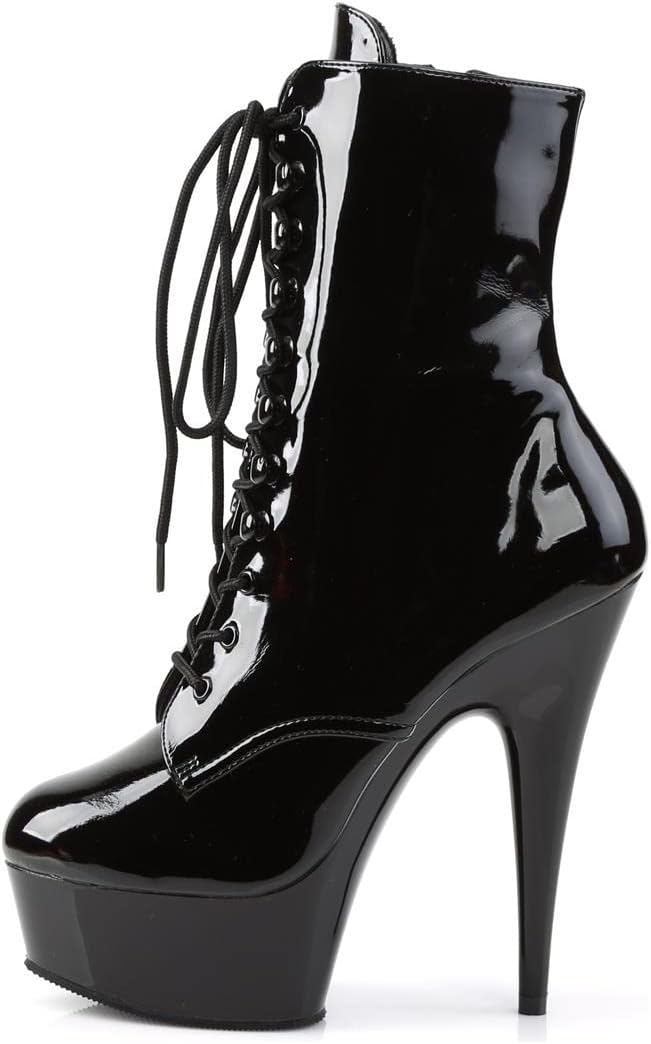 Pleaser - 6" Lace-Up PF Ankle Boot, Side Zip - 10 - Blk Pat/Blk