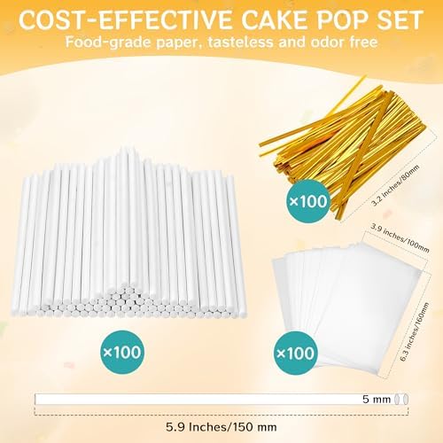 Cake Pop Thick Sticks and Wrappers Kit, Including 100ct 6-inch 5mm Diameter Paper Lollipop Sticks, 100ct Clear Candy Bags Parcel, 100ct Gold Twist Ties for Cakepop, Lollipop, Hard Candy