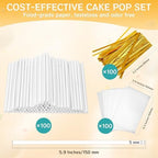 Cake Pop Thick Sticks and Wrappers Kit, Including 100ct 6-inch 5mm Diameter Paper Lollipop Sticks, 100ct Clear Candy Bags Parcel, 100ct Gold Twist Ties for Cakepop, Lollipop, Hard Candy