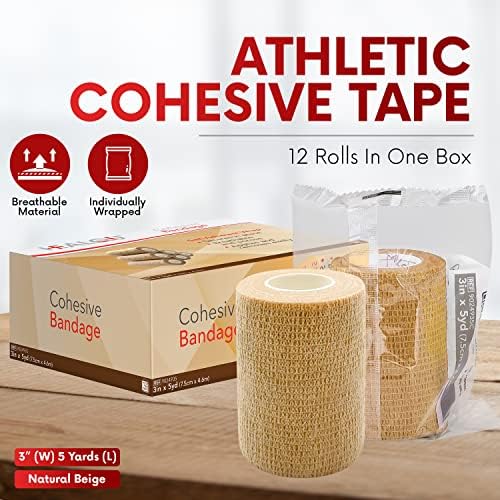 HEALQU Self Adhesive Bandage Wrap – 12 Rolls 3" x5Yd Cohesive Tape for Athletic & Sports -Self Adherent Medical Tape, Flexible, Waterproof Elastic Bandages for Wrist & Ankle Vet Wrap for Dogs