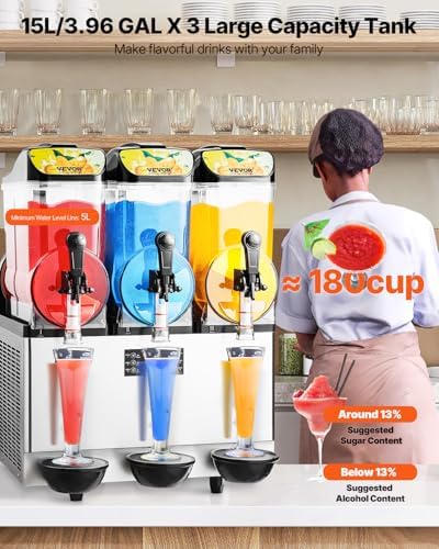 VEVOR Commercial Slushy Machine, 15Lx3 Triple Tank Margarita Machine, 180 Cups Stainless Steel Margarita Smoothie Frozen Drink Machine, Slushie Machine for Party Restaurants Cafe Bars