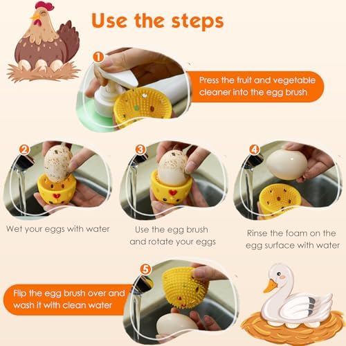 Egg Brush Cleaner, Egg Cleaner Scrubber for Fresh Eggs, Cute Chick Shaped Silicone Egg Washer, Reusable Multipurpose Washing Egg Tool for Fruits and Vegetables(Brown,1 Set)