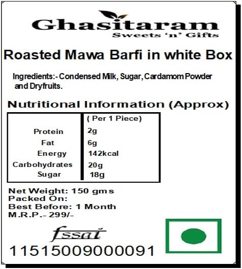 Ghasitaram Gifts Indian Sweets - Diwali Gifts Sweets - Roasted Mawa Barfi in White Box